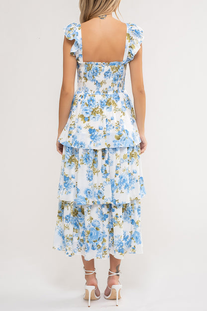 BLUE ROSE FLORAL TIERED MIDI DRESS