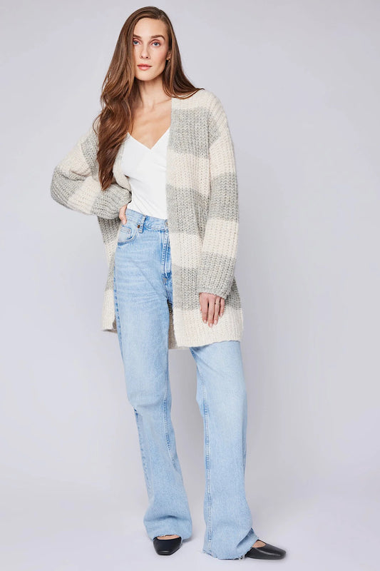 ENID CARDIGAN IN HEATHER TAUPE STRIPE