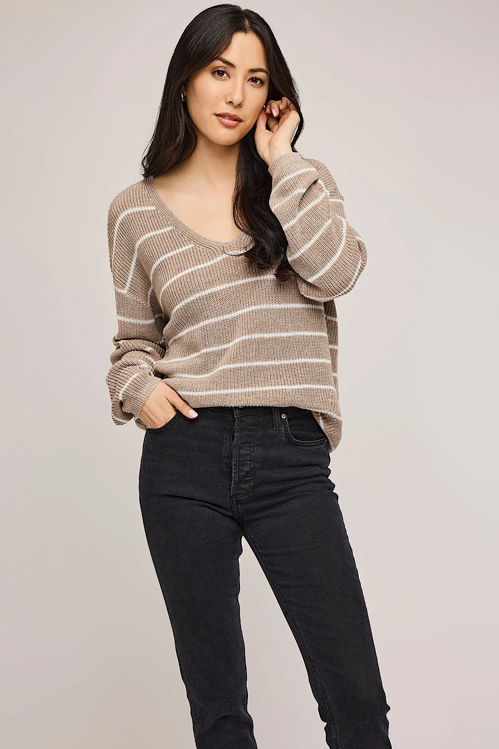 TUCKER PULLOVER SWEATER IN HEATHER CASHEW STRIPE