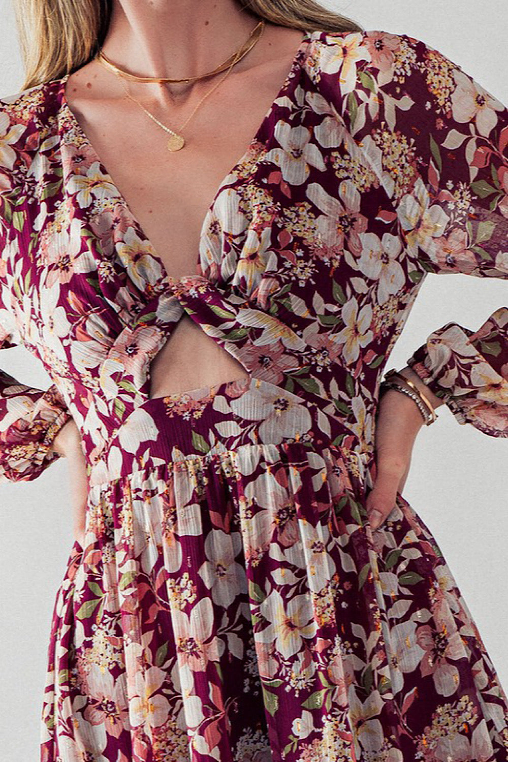 CRANBERRY FLORAL PEEKABOO DRESS