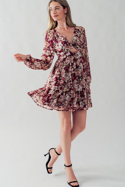 CRANBERRY FLORAL PEEKABOO DRESS