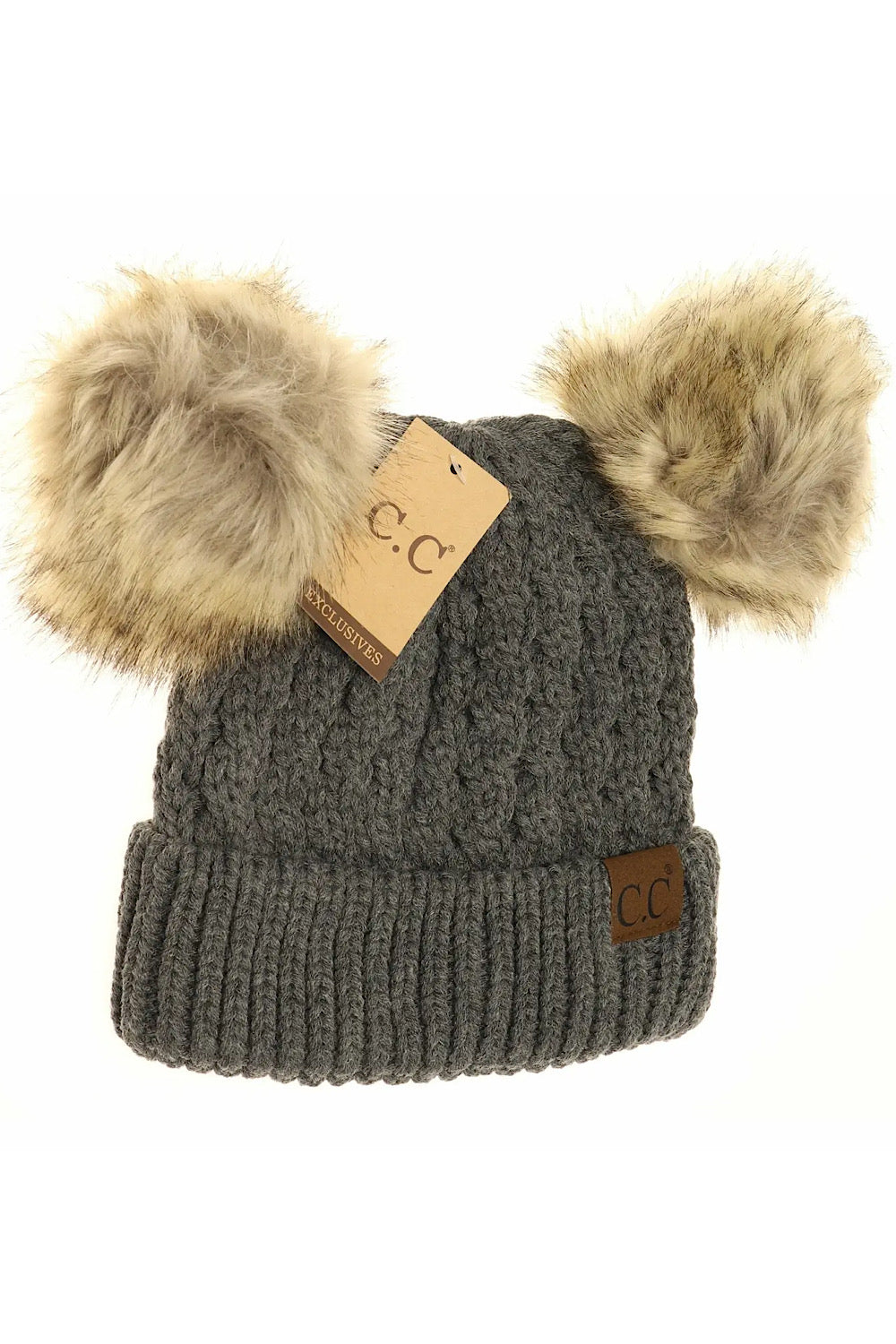 CABLE KNIT DOUBLE POM CONTRAST BEANIE