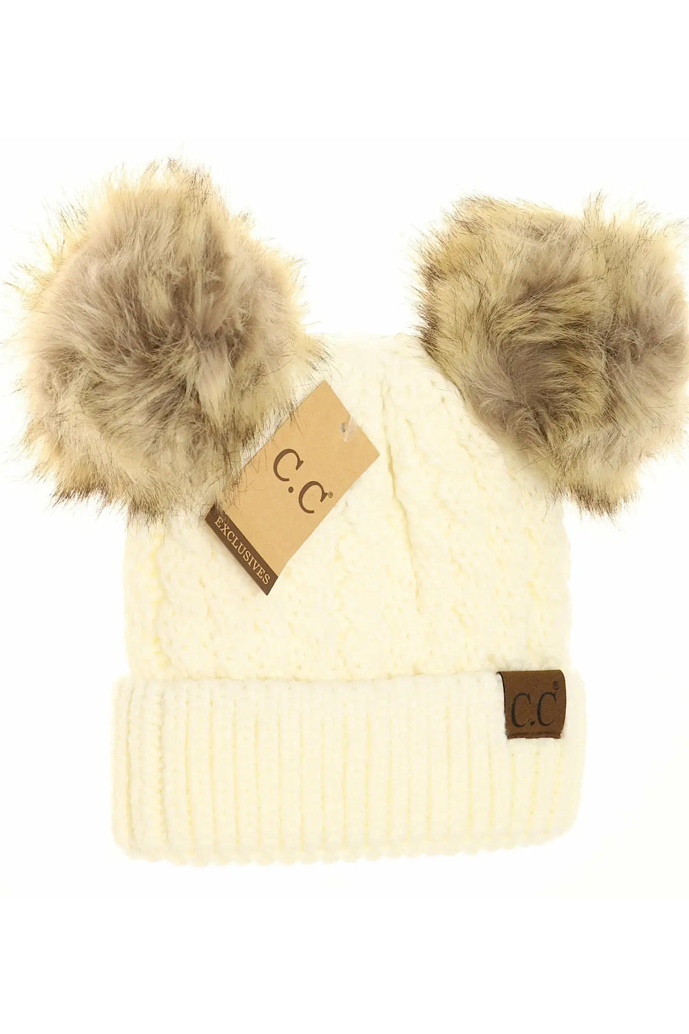 CABLE KNIT DOUBLE POM CONTRAST BEANIE