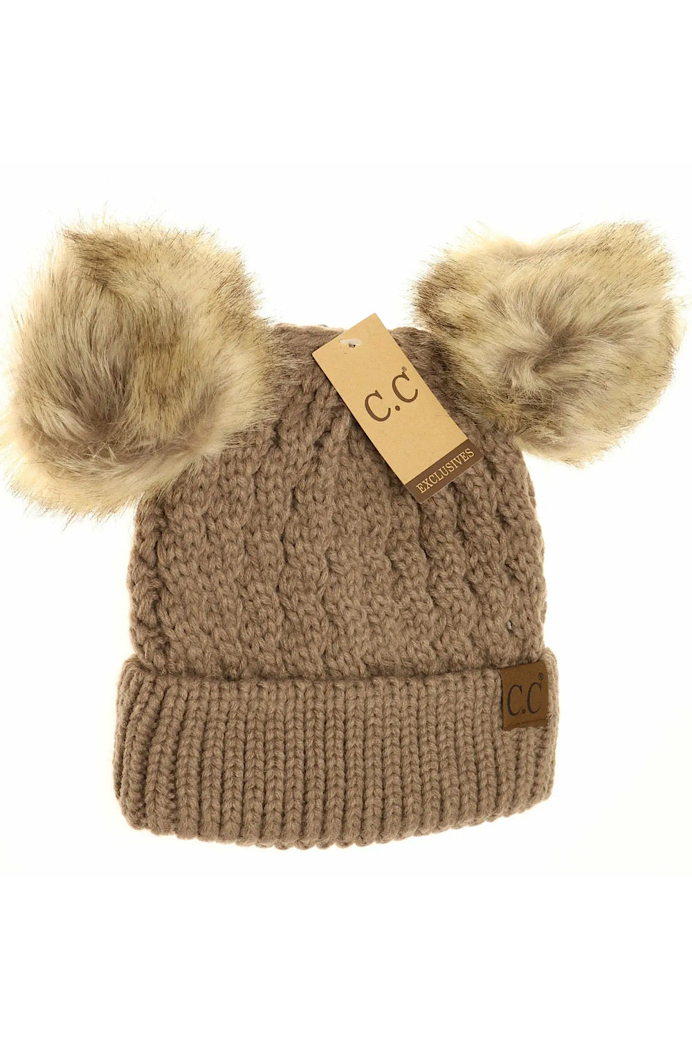 CABLE KNIT DOUBLE POM CONTRAST BEANIE