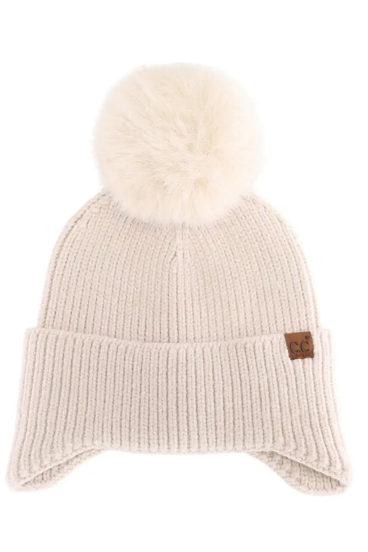 EARFLAP FAUX FUR POM BEANIE