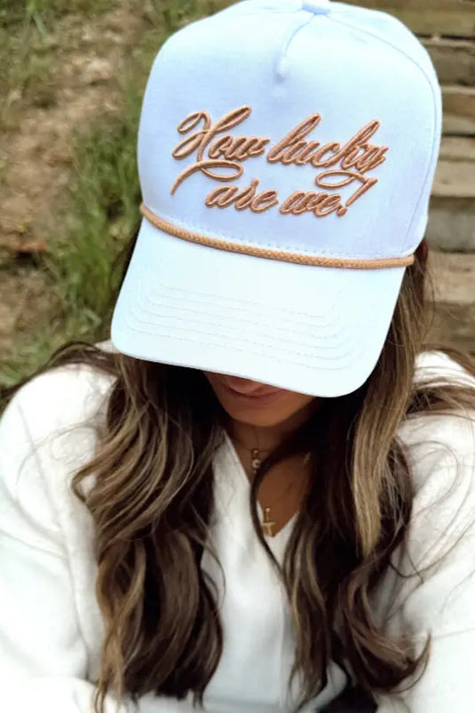 HOW LUCKY ARE WE WHITE VINTAGE HAT