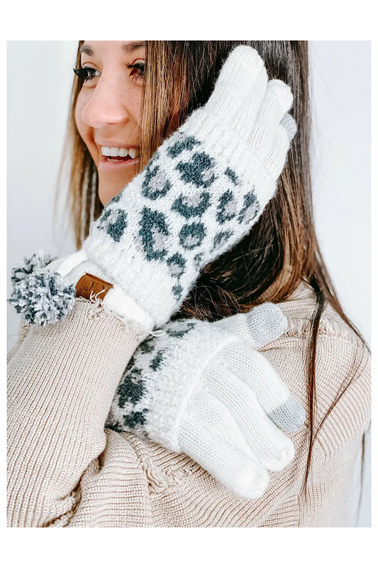 LEOPARD TOUCHSCREEN POM POM GLOVES IN IVORY