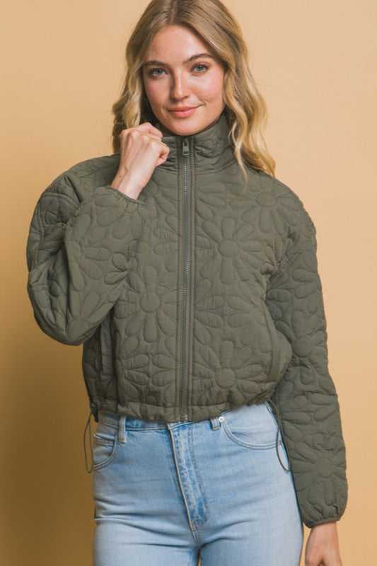 FLORAL QUILTED ZIP UP JACKET IN OLIVE