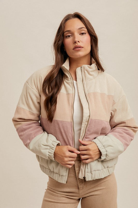 COLOR BLOCK PUFFER JACKET IN ECRU