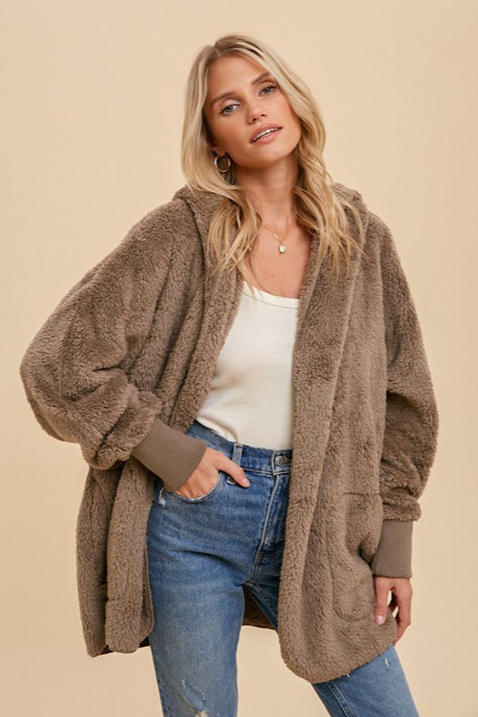 PLUSH FAUX FUR HOODED JACKET IN ASH