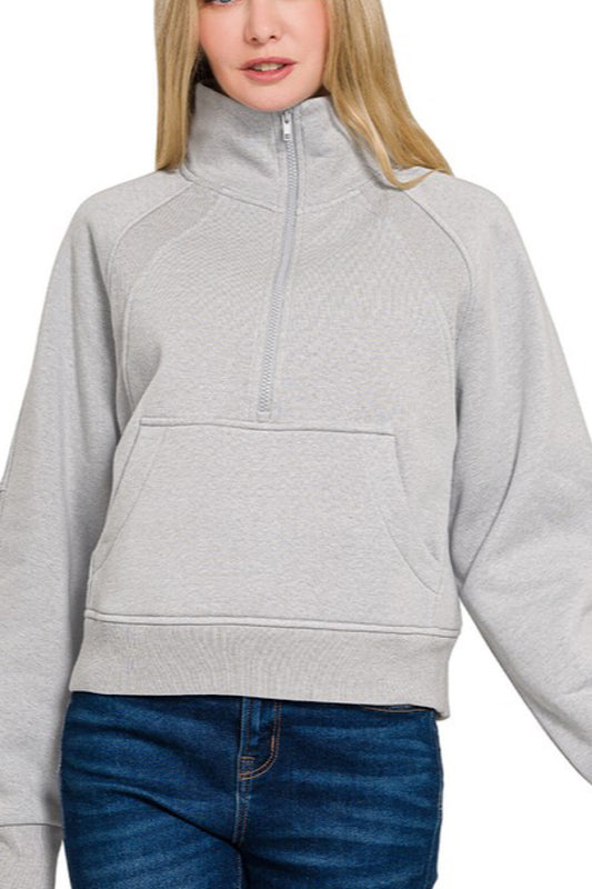 COMFY COZY HALF ZIP PULLOVER IN HEATHERED GRAY