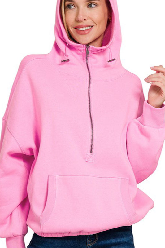 COMFY COZY OVERSIZED HALF ZIP HOODIE IN BUBBLEGUM