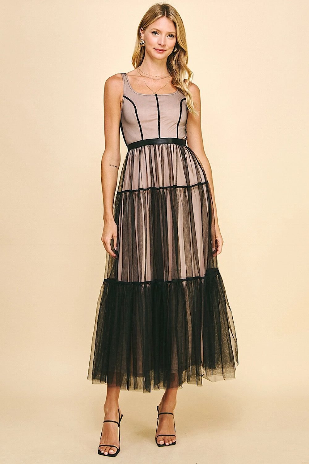 TULLE MESH TIERED BLACK MAXI DRESS