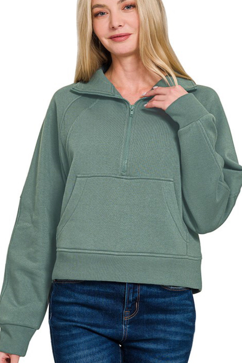 COMFY COZY HALF ZIP PULLOVER IN PINE