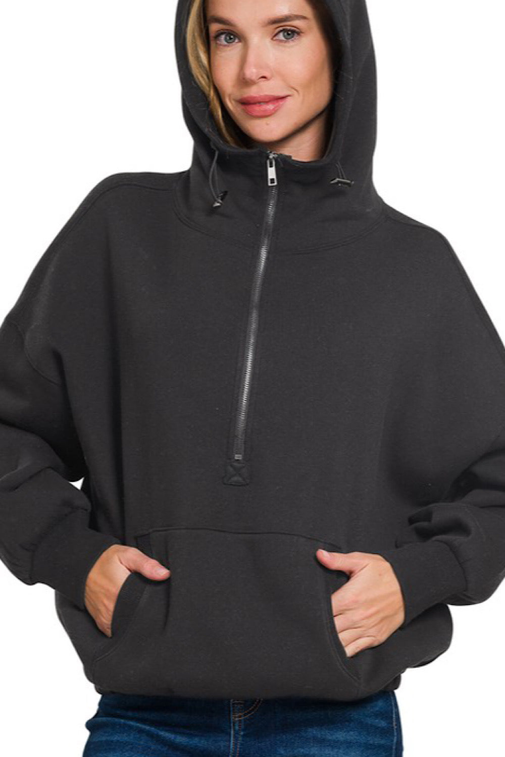 COMFY COZY OVERSIZED HALF ZIP HOODIE IN BLACK