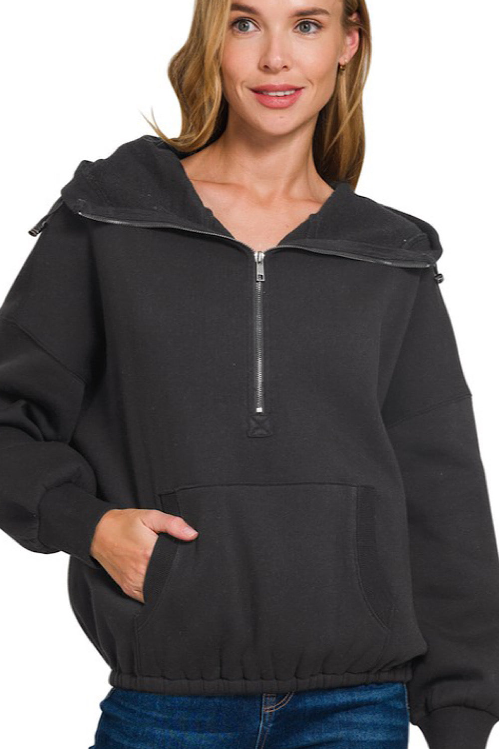 COMFY COZY OVERSIZED HALF ZIP HOODIE IN BLACK