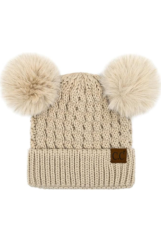 CABLE KNIT DOUBLE POM BEANIE IN BEIGE