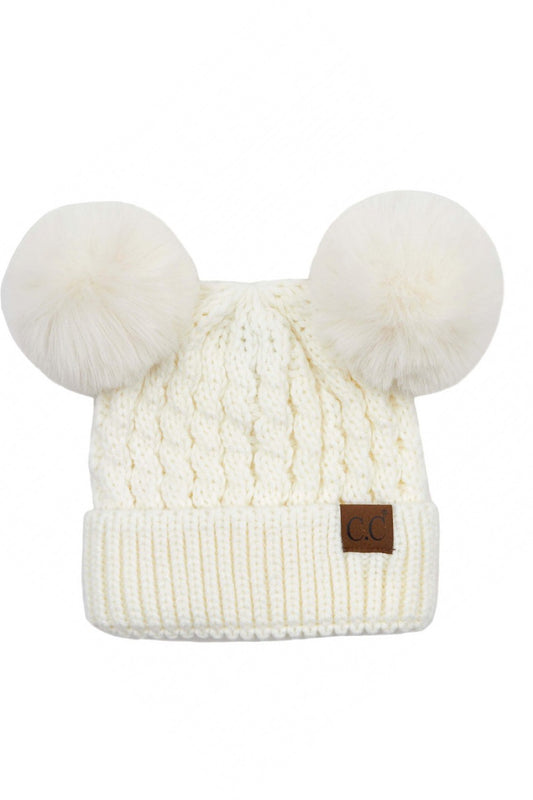 DOUBLE POM BEANIE IN IVORY