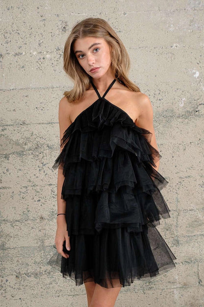 TULLE HALTER RUFFLE DRESS