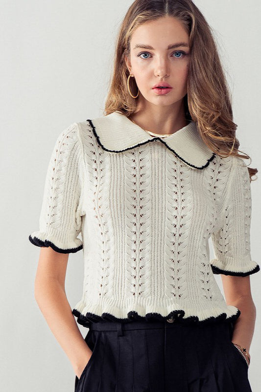 CROCHET KNIT COLLAR SHORT SLEEVE TOP