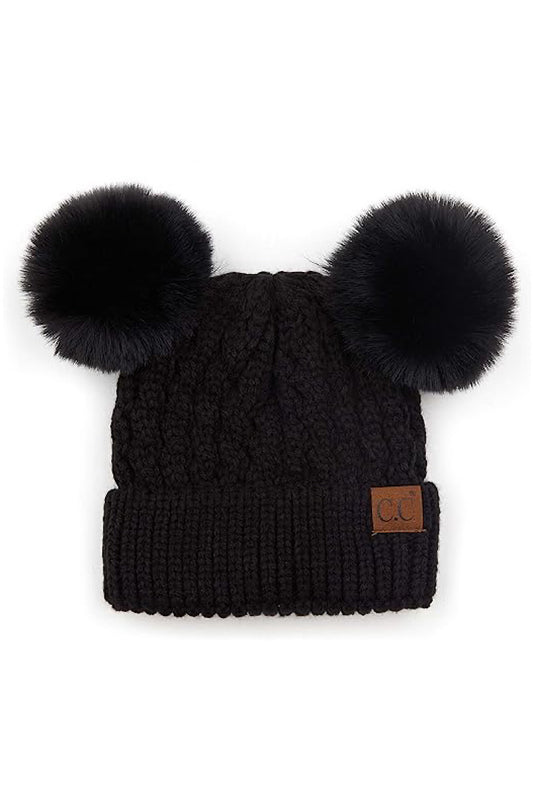 CABLE KNIT DOUBLE POM BEANIE IN BLACK