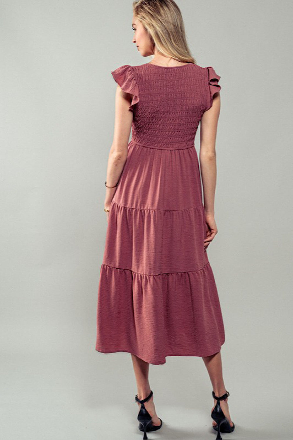 DUSTY MAUVE SMOCKED MIDI DRESS